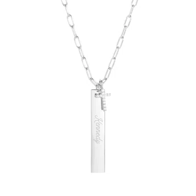 Evesaddiction Engravable Paperclip Chain Vertical Bar Cz Cross Necklace In Metallic