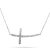 Evesaddiction Large Curved Cz Sideways Cross Necklace In Silver