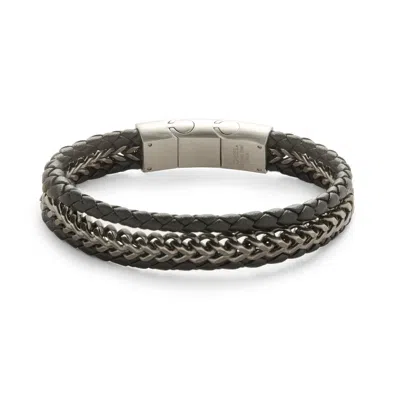 Evesaddiction Men's Antiqued Stainless Steel And Black Leather Bracelet In Silver