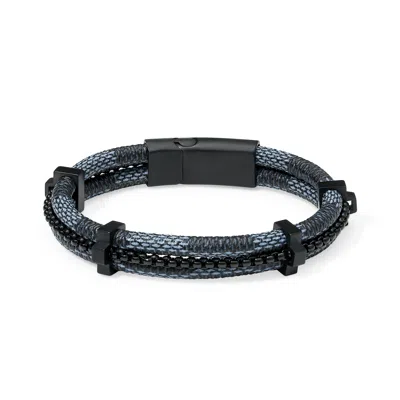 Evesaddiction Men's Black And Blue Leather Bar Bracelet
