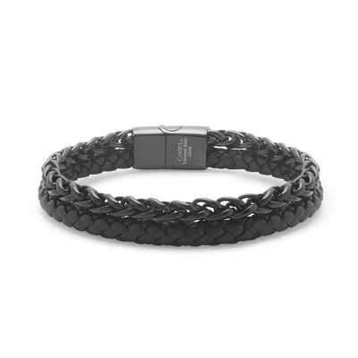 Evesaddiction Men's Black Stainless Steel Chain And Leather Bracelet