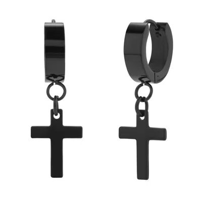 Evesaddiction Men's Black Stainless Steel Dangle Cross Hinged Hoop Earrings