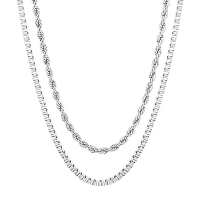 Evesaddiction Men's Box And Rope Chain Double Row Necklace - Steel