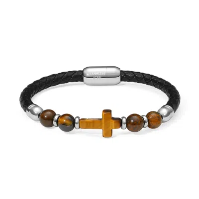 Evesaddiction Men's Braided Black Leather Tiger Eye Cross Bracelet In Multi