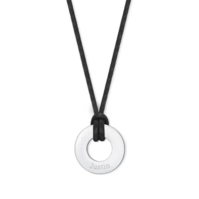Evesaddiction Men's Engravable Black Cord Circle Pendant In Silver