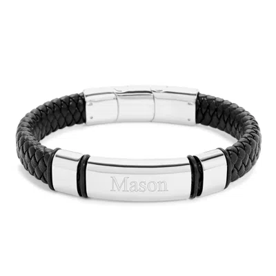 Evesaddiction Men's Genuine Leather Stainless Steel Engravable Bracelet In Black