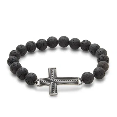 Evesaddiction Men's Lava Rock Antiqued Cross Bead Bracelet In Black