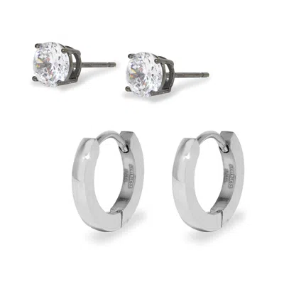 Evesaddiction Men's Silver Round Cz Studs And Stainless Steel Petite Huggy Earring Set