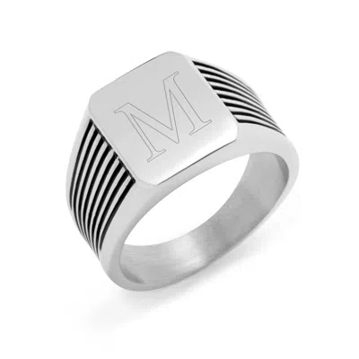 Evesaddiction Men's Stainless Steel And Black Enamel Signet Ring In Silver