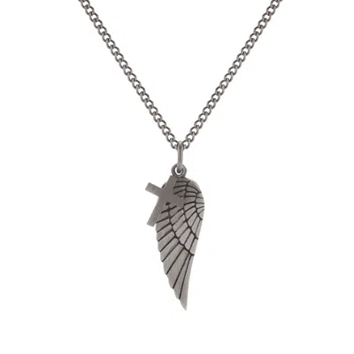 Evesaddiction Men's Stainless Steel Antiqued Wing And Cross Charm Pendant In Metallic
