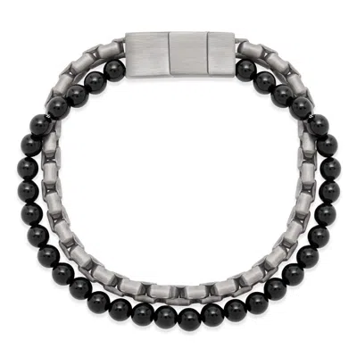 Evesaddiction Men's Stainless Steel Chain And Black Agate Bead Bracelet In Silver