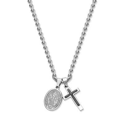 Evesaddiction Men's Stainless Steel Cross And St Benedict Necklace In Silver