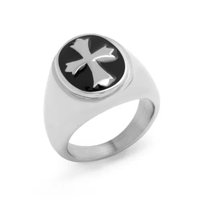 Evesaddiction Men's Stainless Steel Enamel Cross Ring In Silver