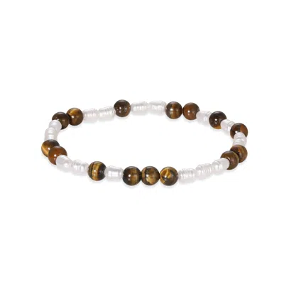 Evesaddiction Men's Tiger Eye And Pearl Bead Bracelet In Brown