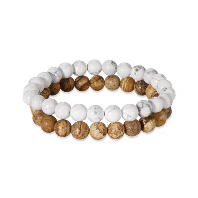 Evesaddiction Men's White Agate And Wood Beaded Bracelet Set