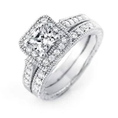 Evesaddiction Princess Cut Halo Heirloom Cz Wedding Ring Set In Silver