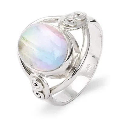Evesaddiction Sterling Silver Oval Rainbow Moonstone Ring