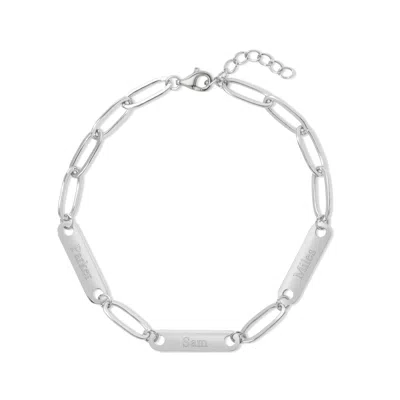 Evesaddiction Sterling Silver Paperclip Chain Engravable Three Name Bar Bracelet In Metallic