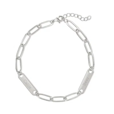 Evesaddiction Sterling Silver Paperclip Chain Engravable Two Name Bar Bracelet In Metallic