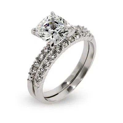 Evesaddiction Thin Princess Cut Cz Wedding Ring Set In Silver