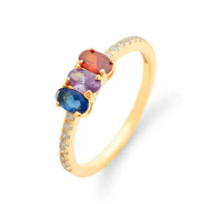 Evesaddiction Three Stone Oval Birthstone Pave Band Gold Ring