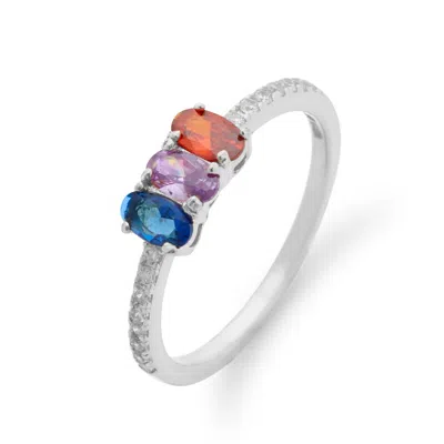 Evesaddiction Three Stone Oval Birthstone Pave Band Silver Ring