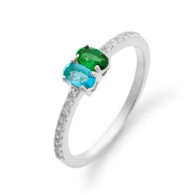 Evesaddiction Two Stone Oval Birthstone Pave Band Silver Ring
