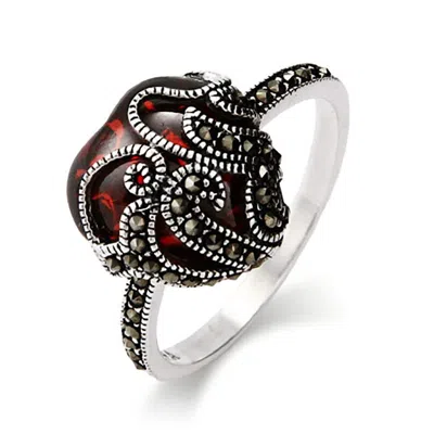Evesaddiction Vintage Style Garnet Glass Heart Sterling Silver Marcasite Ring