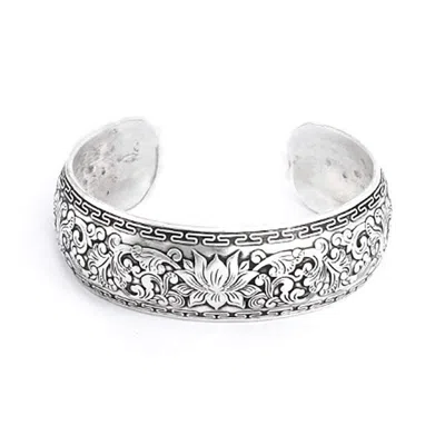 Evesaddiction Wide Carved Design Lotus Cuff Bracelet In Gray