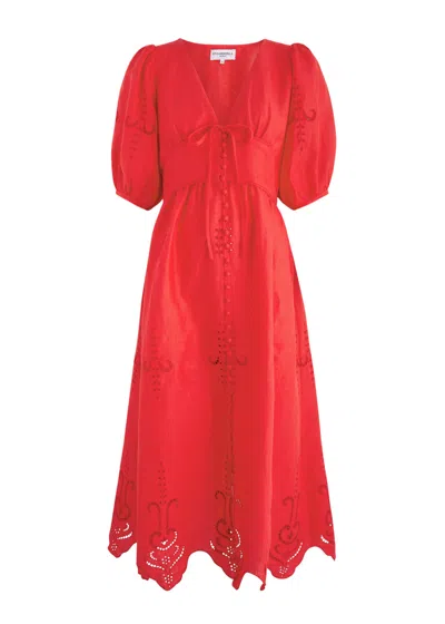 Evi Grintela River Eyelet-embroidered Linen-blend Midi Dress In Red
