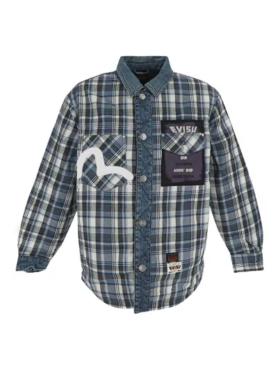 Evisu Seagull And Poster Print Padded Shirt Jacket In Blue