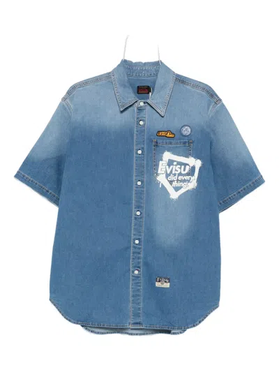 Evisu Daicock Graffiti-print Denim Shirt In Blue