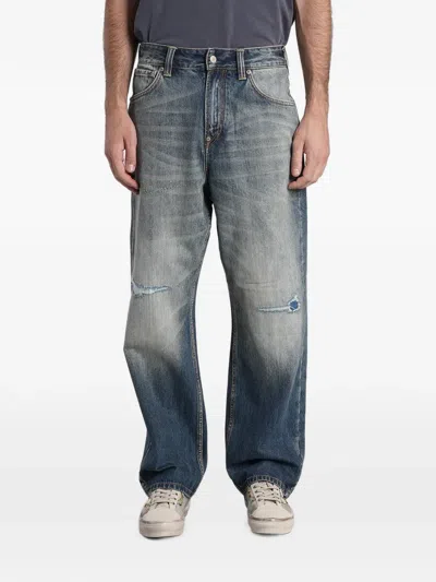 Evisu Daicock-print Distressed Jeans In Blue