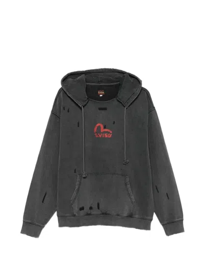 Evisu Distressed Logo-print Hoodie In Gray