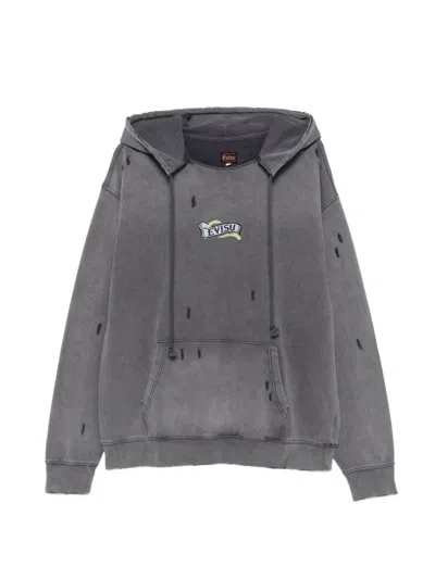 Evisu Distressed Logo-print Hoodie In Gray