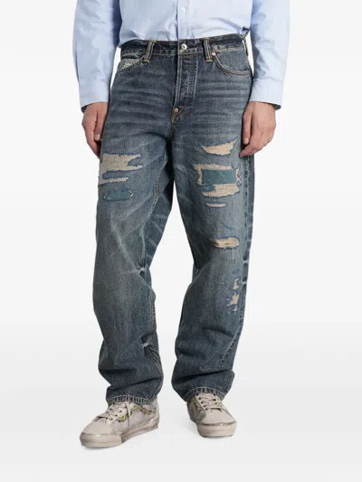 Evisu Distressed Patchwork Jeans In Blue