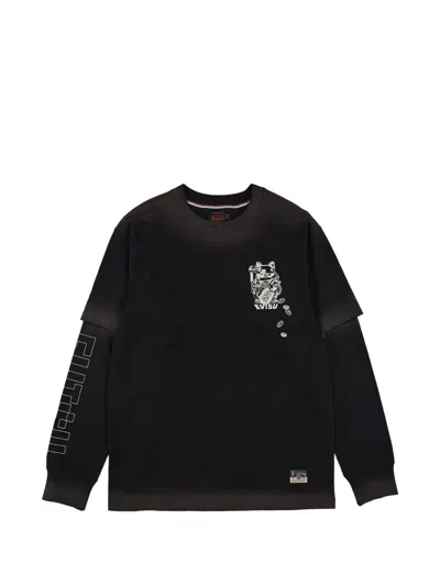 Evisu Fortune Cat Graphic-print Layered-sleeve T-shirt In Black