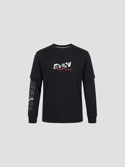 Evisu Ht Fortune Cat Printed Long Sleeve Tee In Black