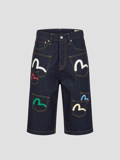 Evisu Seagull-print Multi-pocket Denim Shorts In Black