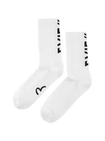 Evisu Logo-intarsia Ribbed-knit Socks In White