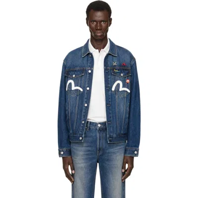 Evisu Navy Inari Mask Printed Denim Jacket In Blue