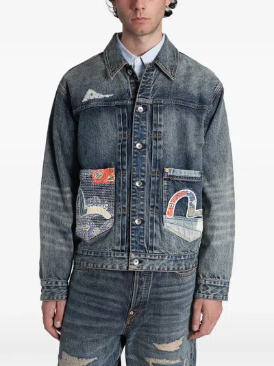 Evisu Patchwork Seagull Denim Jacket In Blue