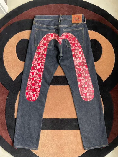 Pre-owned Evisu Red Word Big Daicock Style Jeans！size：33 In Black Blue