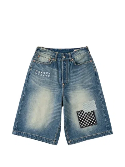 Evisu Sashiko-patch Denim Shorts In Blue