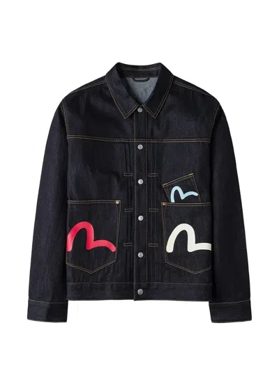 Evisu Seagull-print Multi-pocket Denim Jacket In Black