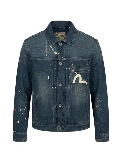 Evisu Splash Daicock Paint-splatter Denim Jacket In Blue