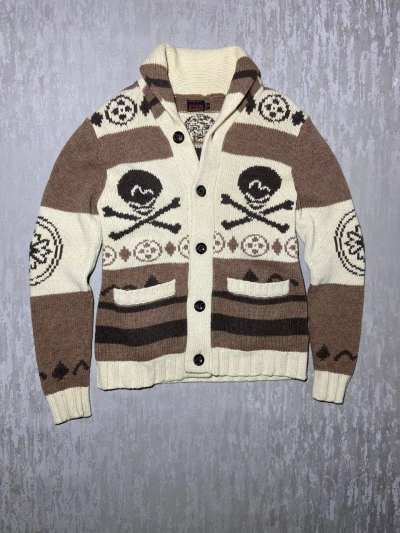 Pre-owned Evisu Wool Skull Knit Cardigan Sweater Jumper In Cream