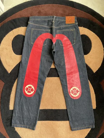 Pre-owned Evisu X Vintage Evisu Red Daicock Style Jeans Size：34x34 In Black Blue