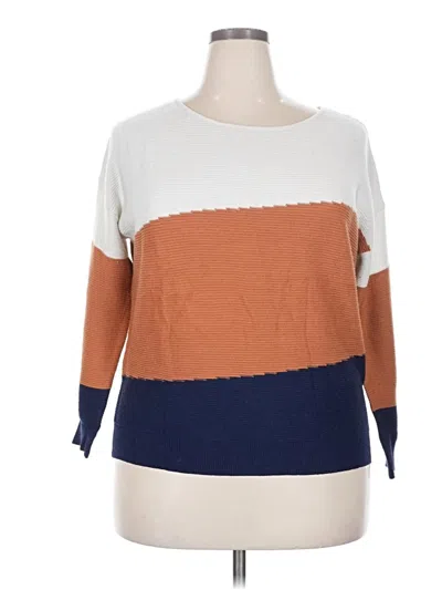 Pre-owned Evolution By Cyrus 3/4 Sleeve Top Orange Color Block Pattern Boatneck Tops