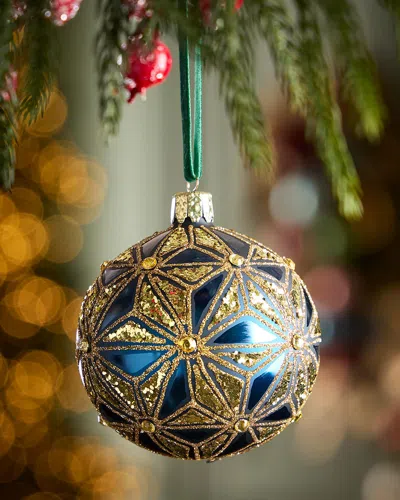 Exclusive Geometric Glitter On Matte Blue Ball Christmas Ornament In Multi